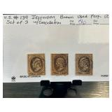 3 U.S. #139 Brown Jefferson Stamps, Used, Perforat
