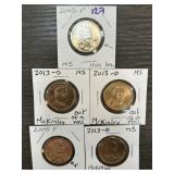 Five Presidential $1 Coins Including McKinley and