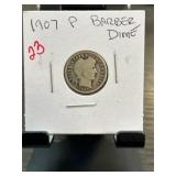 1907 P Barber Dime in Collectors Holder