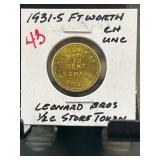 1931-5 Fort Worth Leonard Bros. 1/2 Cent Store Tok