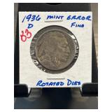 1936 D Buffalo Nickel with Mint Error and Rotated