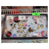 Pins, Buttons, and Memorabilia in Display Case