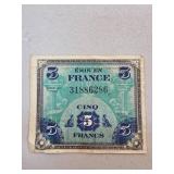 French 5 Francs Military Currency Note, World War