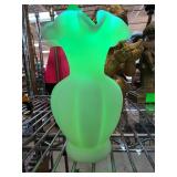 Green Satin Glass Vase with Ruffled Rim