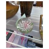 Glass Paperweight With Encased Pink and White Flow