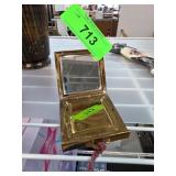 Vintage Brass Compact Mirror with Red Enamel and P