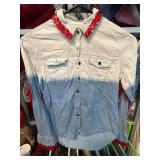 Dip-Dyed Denim Shirt With Red Sequin Fringe Accent