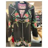 Black Pinstripe Long Jacket with Floral Embroidery