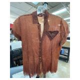 Le Charme Sheer Brown Button-Up Blouse with Frayed