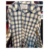 Blue and White Plaid Button-Up Shirt with Yellow F