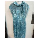 Blue Floral Pleated Dress with Scarf Detail