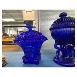 Cobalt Blue Glass Lidded Jars With Ornate Designs