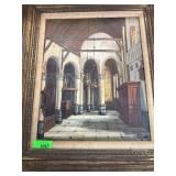 Framed Oil Painting of Interior Gothic Cathedral,