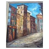 Framed Oil Painting Depicting Urban Street Scene,