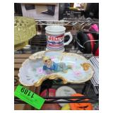 Porcelain Dish with Figurine and Jell-O Mug