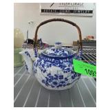 Blue and White Floral Ceramic Tea Pot with Bamboo