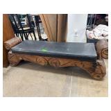 Carved Wooden Bench with Black Cushion