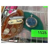 Pocket Watch, Knives, Coins, and Agate Display