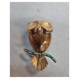 Gold-Toned Owl Brooch with Green Branch Detail
