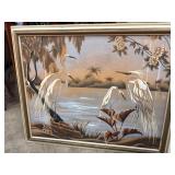 Framed Artwork Depicting Herons by a Lake