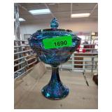 Blue Iridescent Glass Compote with Lid