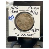 1916 Buffalo Nickel FS-401 Two Feathers