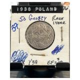 1938 Poland 50 Groszy Coin in Holder