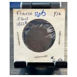 1853 France 5 Cent Coin with Holder
