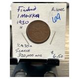 1950 Finland 1 Markka Coin in Holder