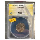 1937-S 5C ANACS MS 64 Buffalo Nickel