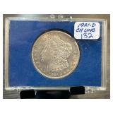 1921-D Morgan Silver Dollar in Clear Display Case