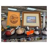 Wooden Duck Figurines and Framed Artworks