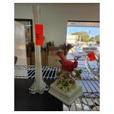 Cardinal Figurine and Glass Bud Vase