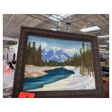 Framed Snowy Landscape Painting on Canvas