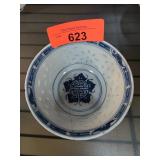 Blue and White Ceramic Bowl with Markings