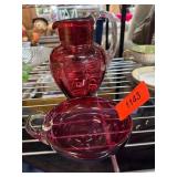 Ruby-Colored Glass Pitcher and Handled Bowl Set