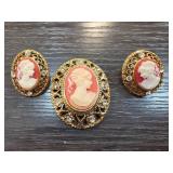 Cameo Brooch and Earring Set in Filigree Frames