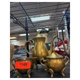 Brass Three-Piece Tea Set with Ornate Handles