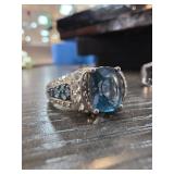 Sterling Silver Ring with Blue Stones, Size 8