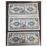 Three Banco Central de Ecuador 100 Sucres Notes