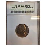 1942 Jefferson Nickel Graded MS 63 by ANACS