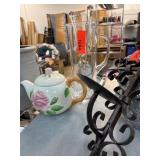 Teapot, Glass Pitcher, and Wrought Iron Wall Sconc