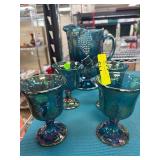 Iridescent Blue Glass Pitcher and Goblet Set