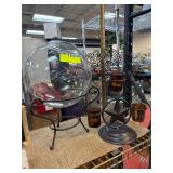 Glass Bowl With Stand and Metal Candleholder