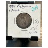 1887 Belgium 1 Franc Coin in .835 Silver