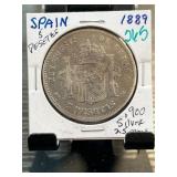 1889 Spain 5 Pesetas Coin