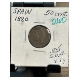 1880 Spain 50 Cent .835 Silver Coin