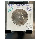 1893 Portugal 500 Reis Silver Coin