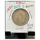 1882 Spain 2 Pesetas Coin, Alfonso XII