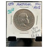 1891 Portugal 500 Reis Silver Coin